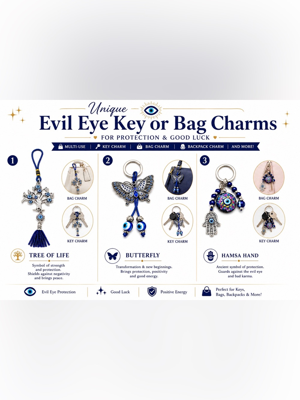 Butterfly Eye Keychain Bag Charm in Blue and Silver